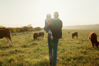 Foto:  Mädchen und Vater spazieren über ein Feld